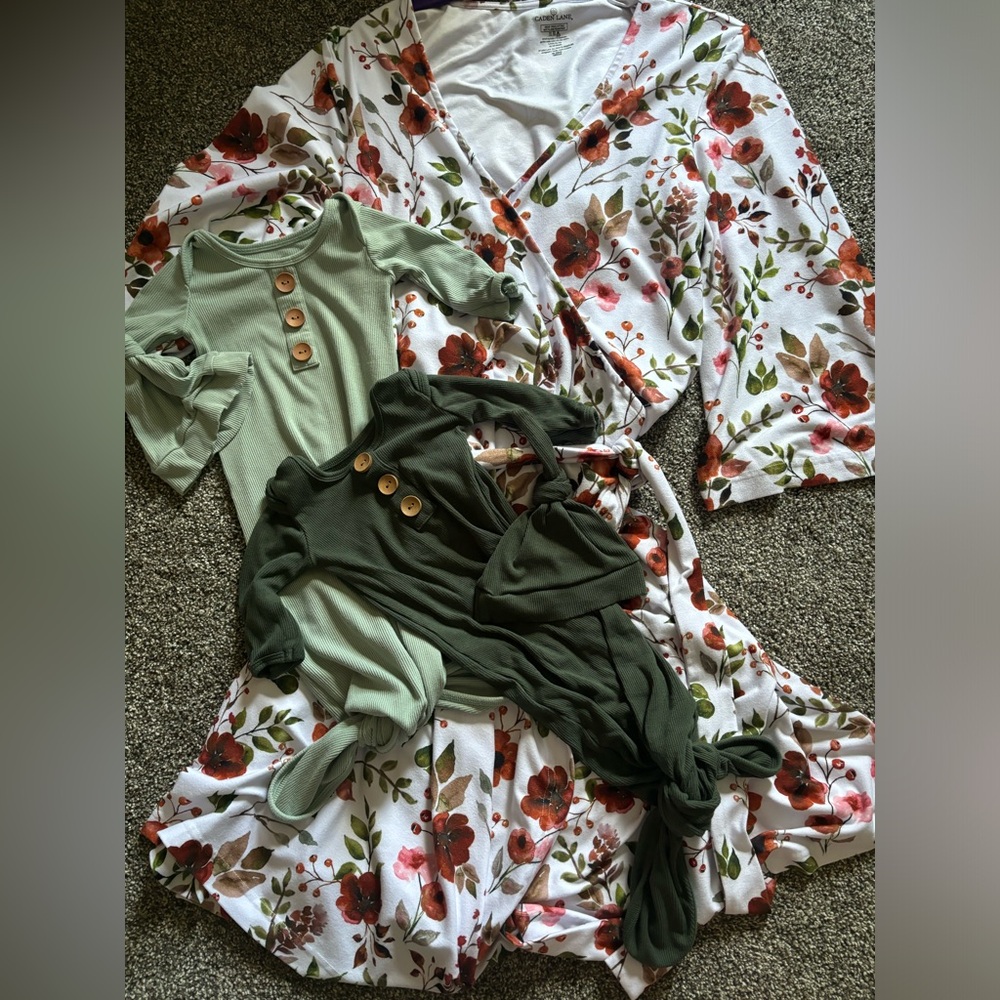Caden Lane maternity robe and 2 baby knotted gowns